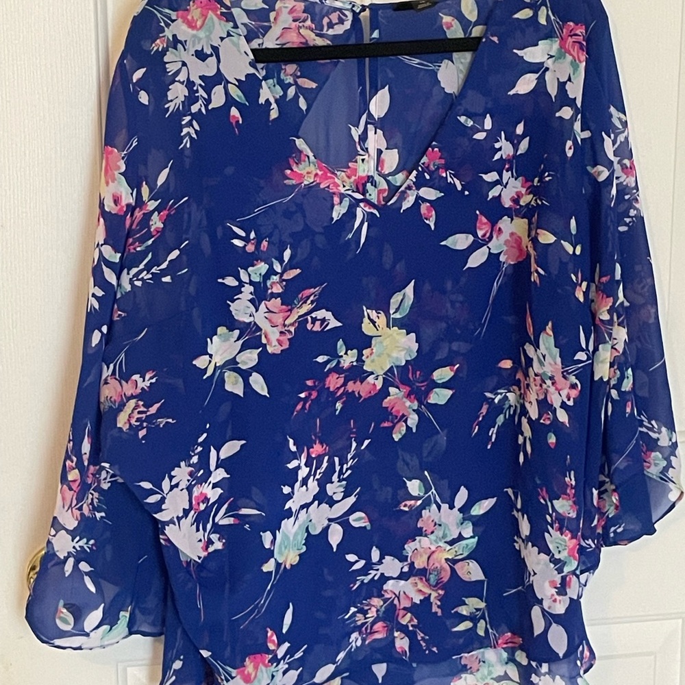 Worthington Floral Blouse - Blue and Pink 1X Sheer